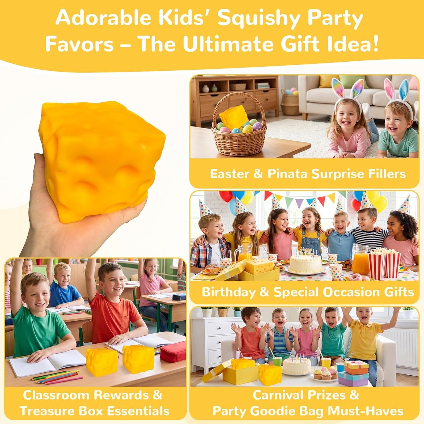 Yellow Jumbo 3.94in Cheese Squishy Fidget Toys, Soft Squeeze Cheese Block, Soft Novelty Toy, Sensory Stress Relief Fidget Toy for Adults & Kids
