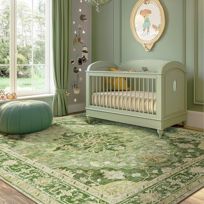 Area Rugs 5'x7' Washable Non-Slip, Floral Vintage Distress Medallion Carpet for Living Room Bedroom Dining Room, Sage Green Yellow
