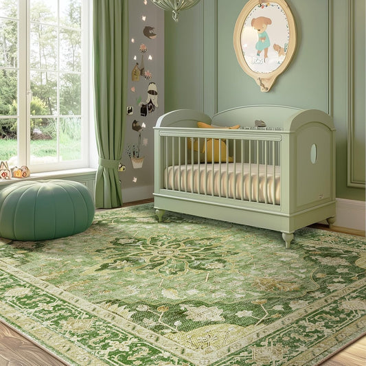 Area Rugs 5'x7' Washable Non-Slip, Floral Vintage Distress Medallion Carpet for Living Room Bedroom Dining Room, Sage Green Yellow
