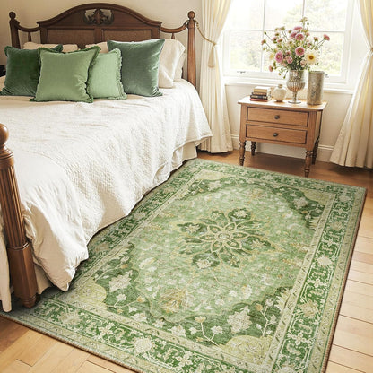 Area Rugs 5'x7' Washable Non-Slip, Floral Vintage Distress Medallion Carpet for Living Room Bedroom Dining Room, Sage Green Yellow