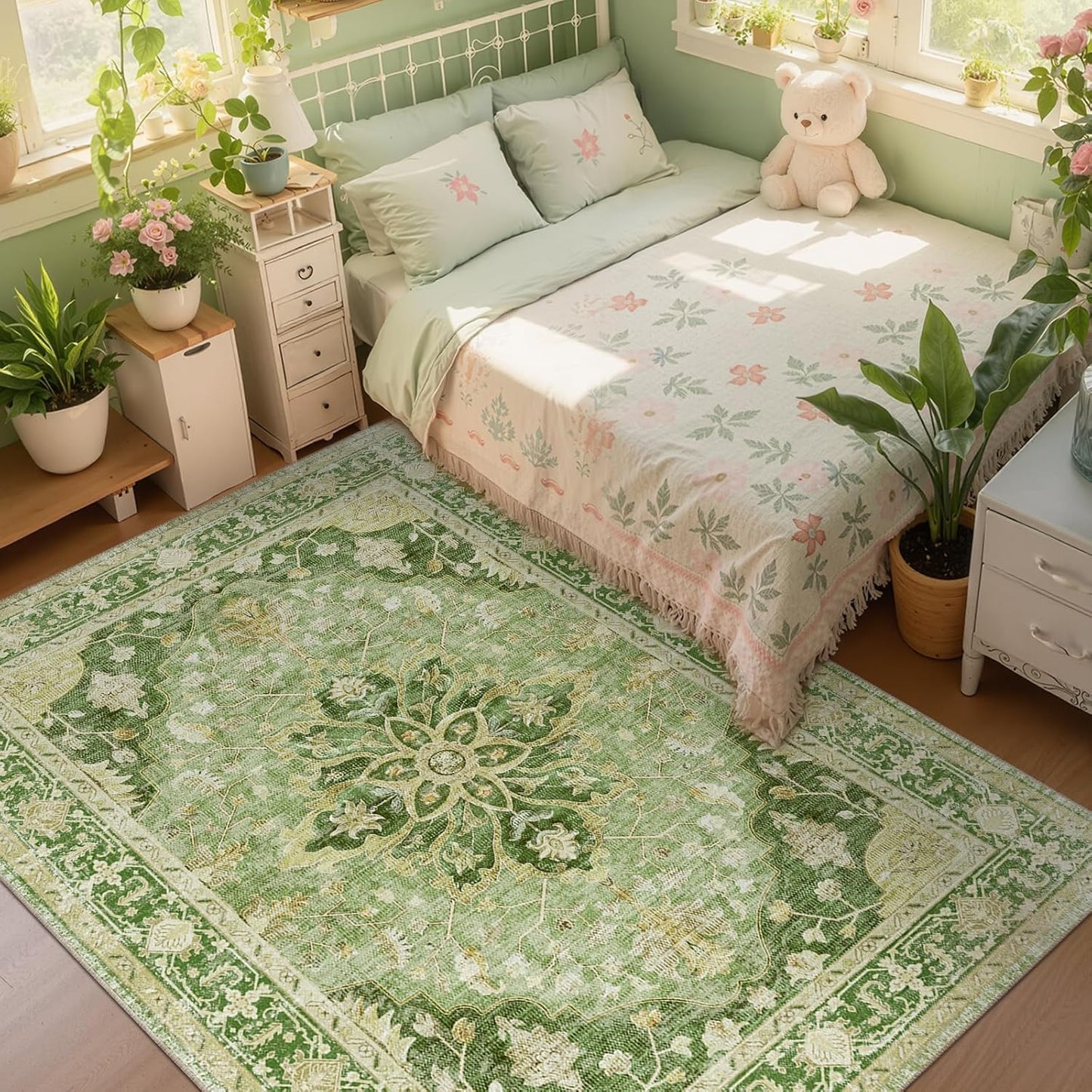 Area Rugs 5'x7' Washable Non-Slip, Floral Vintage Distress Medallion Carpet for Living Room Bedroom Dining Room, Sage Green Yellow