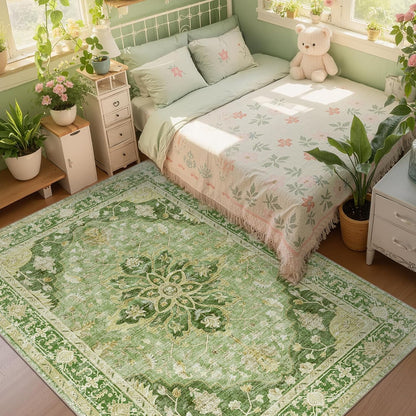 Area Rugs 5'x7' Washable Non-Slip, Floral Vintage Distress Medallion Carpet for Living Room Bedroom Dining Room, Sage Green Yellow
