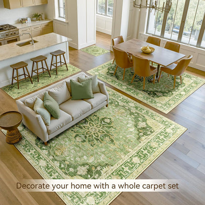 Area Rugs 5'x7' Washable Non-Slip, Floral Vintage Distress Medallion Carpet for Living Room Bedroom Dining Room, Sage Green Yellow