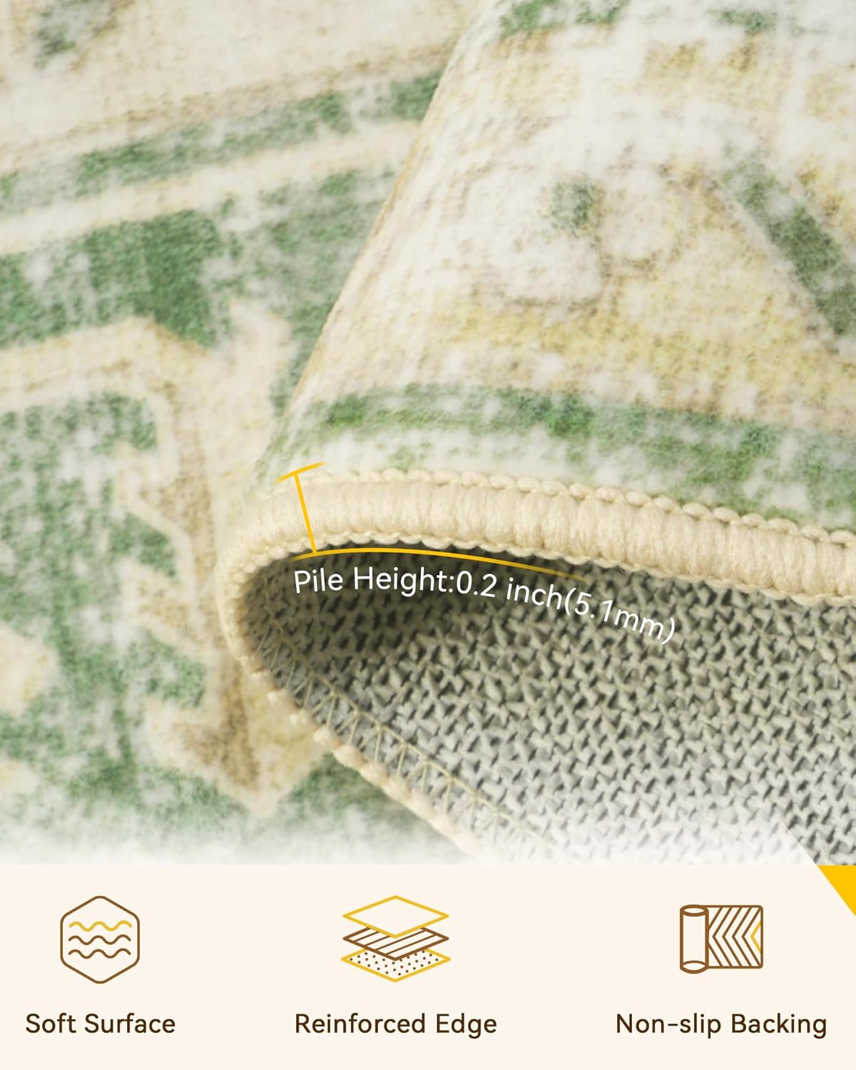 Area Rugs 5'x7' Washable Non-Slip, Floral Vintage Distress Medallion Carpet for Living Room Bedroom Dining Room, Sage Green Yellow