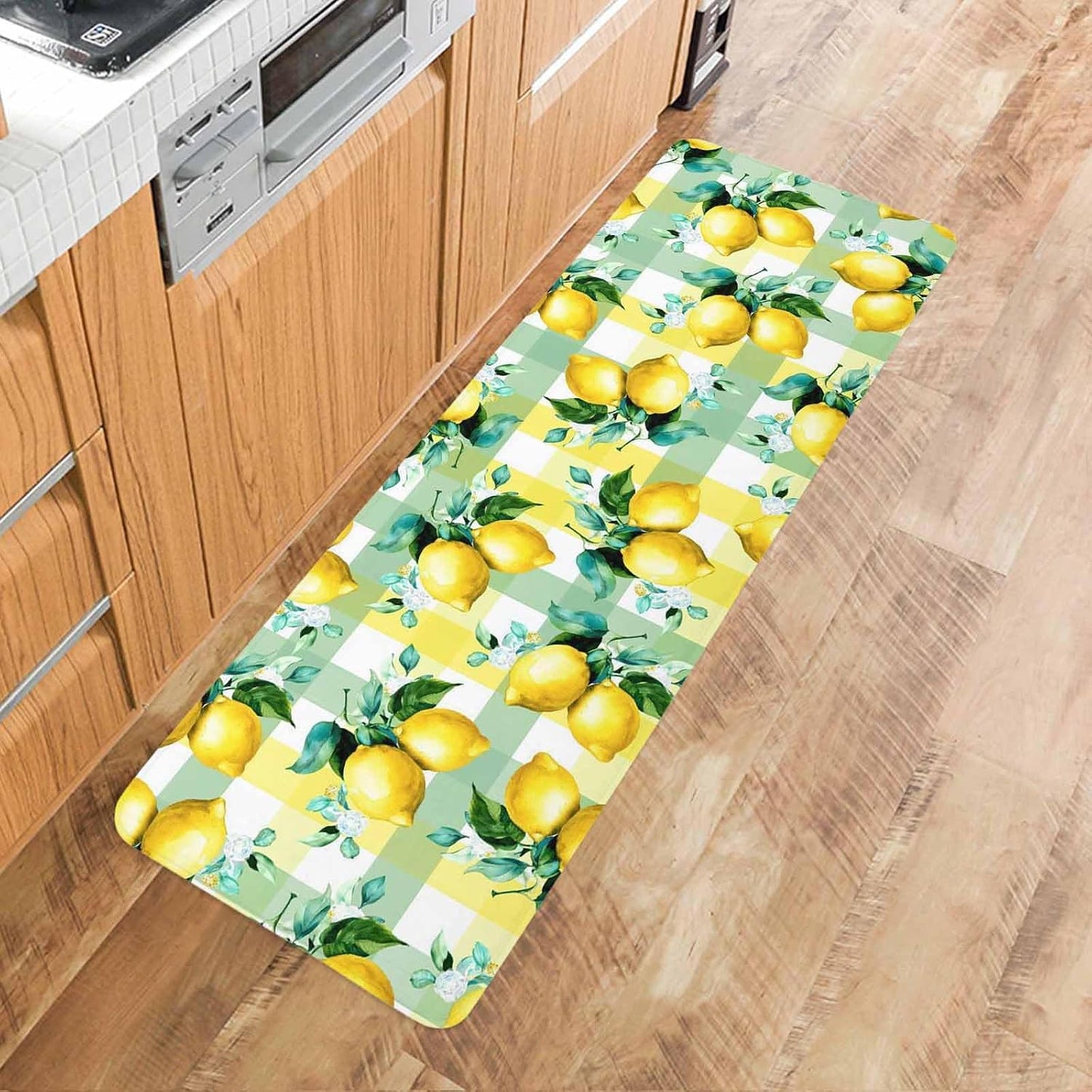 Anti-Fatigue Kitchen Mats Standing Rugs Set of 1 Summer Lemon Fruit Green Leaf Non-Slip Area Runner Floor Doormat Light Yellow Green Check Washable Cushioned Carpet for Bedroom Bathroom Decor