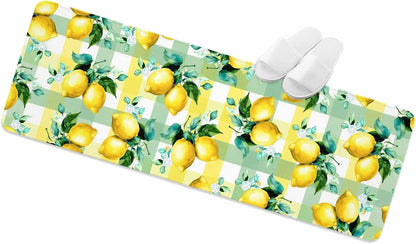 Anti-Fatigue Kitchen Mats Standing Rugs Set of 1 Summer Lemon Fruit Green Leaf Non-Slip Area Runner Floor Doormat Light Yellow Green Check Washable Cushioned Carpet for Bedroom Bathroom Decor