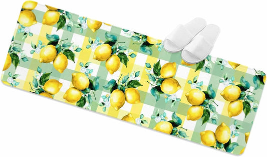 Anti-Fatigue Kitchen Mats Standing Rugs Set of 1 Summer Lemon Fruit Green Leaf Non-Slip Area Runner Floor Doormat Light Yellow Green Check Washable Cushioned Carpet for Bedroom Bathroom Decor