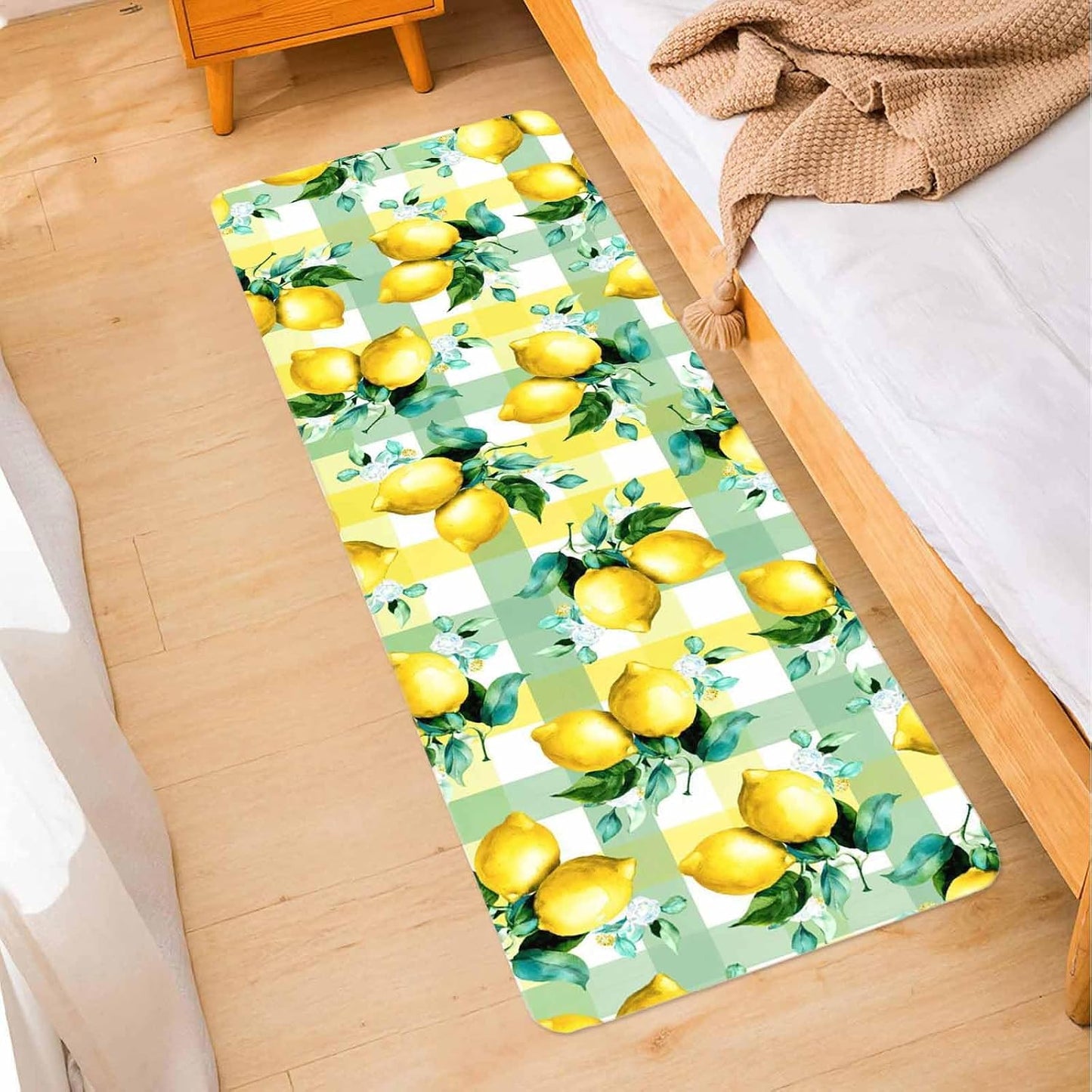 Anti-Fatigue Kitchen Mats Standing Rugs Set of 1 Summer Lemon Fruit Green Leaf Non-Slip Area Runner Floor Doormat Light Yellow Green Check Washable Cushioned Carpet for Bedroom Bathroom Decor
