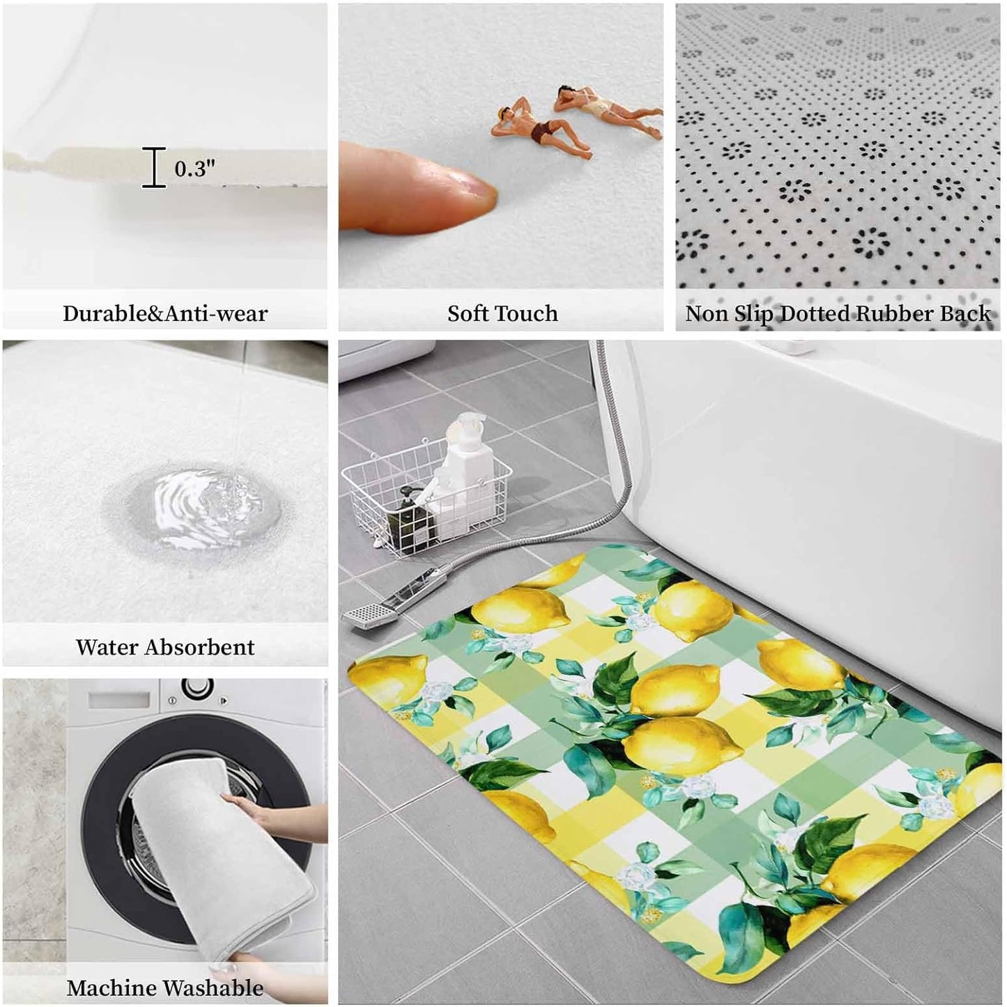 Anti-Fatigue Kitchen Mats Standing Rugs Set of 1 Summer Lemon Fruit Green Leaf Non-Slip Area Runner Floor Doormat Light Yellow Green Check Washable Cushioned Carpet for Bedroom Bathroom Decor