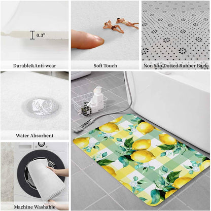 Anti-Fatigue Kitchen Mats Standing Rugs Set of 1 Summer Lemon Fruit Green Leaf Non-Slip Area Runner Floor Doormat Light Yellow Green Check Washable Cushioned Carpet for Bedroom Bathroom Decor