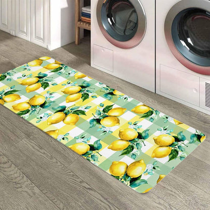 Anti-Fatigue Kitchen Mats Standing Rugs Set of 1 Summer Lemon Fruit Green Leaf Non-Slip Area Runner Floor Doormat Light Yellow Green Check Washable Cushioned Carpet for Bedroom Bathroom Decor