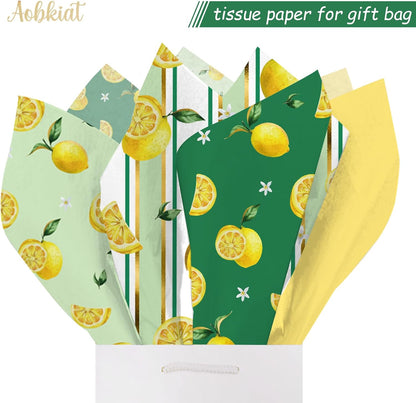 24 Sheet Lemon Tissue Paper for Gift Bag,Yellow Green Lemon Pattern | Wrapping Tissue for Spring Summer Birthday Baby Shower Party Favors,Present Packaging,20 x 15 Inch/Sheet