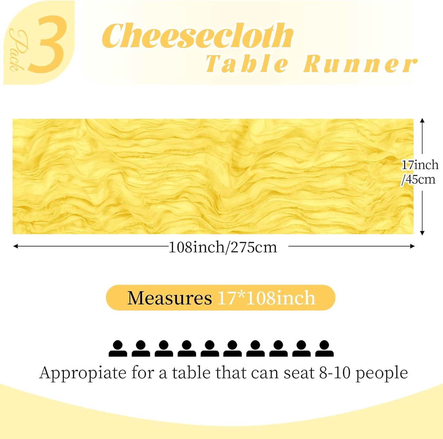 3 Pack Lemon Yellow Cheesecloth Table Runner, 17 x 108 Inch, Gauze Cheese Cloth Table Runner Rustic Sheer Runner for Wedding Birthday Party Baby Shower Table Decor(Lemon Yellow)