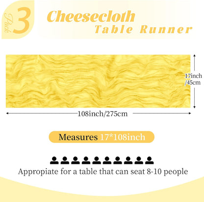 3 Pack Lemon Yellow Cheesecloth Table Runner, 17 x 108 Inch, Gauze Cheese Cloth Table Runner Rustic Sheer Runner for Wedding Birthday Party Baby Shower Table Decor(Lemon Yellow)
