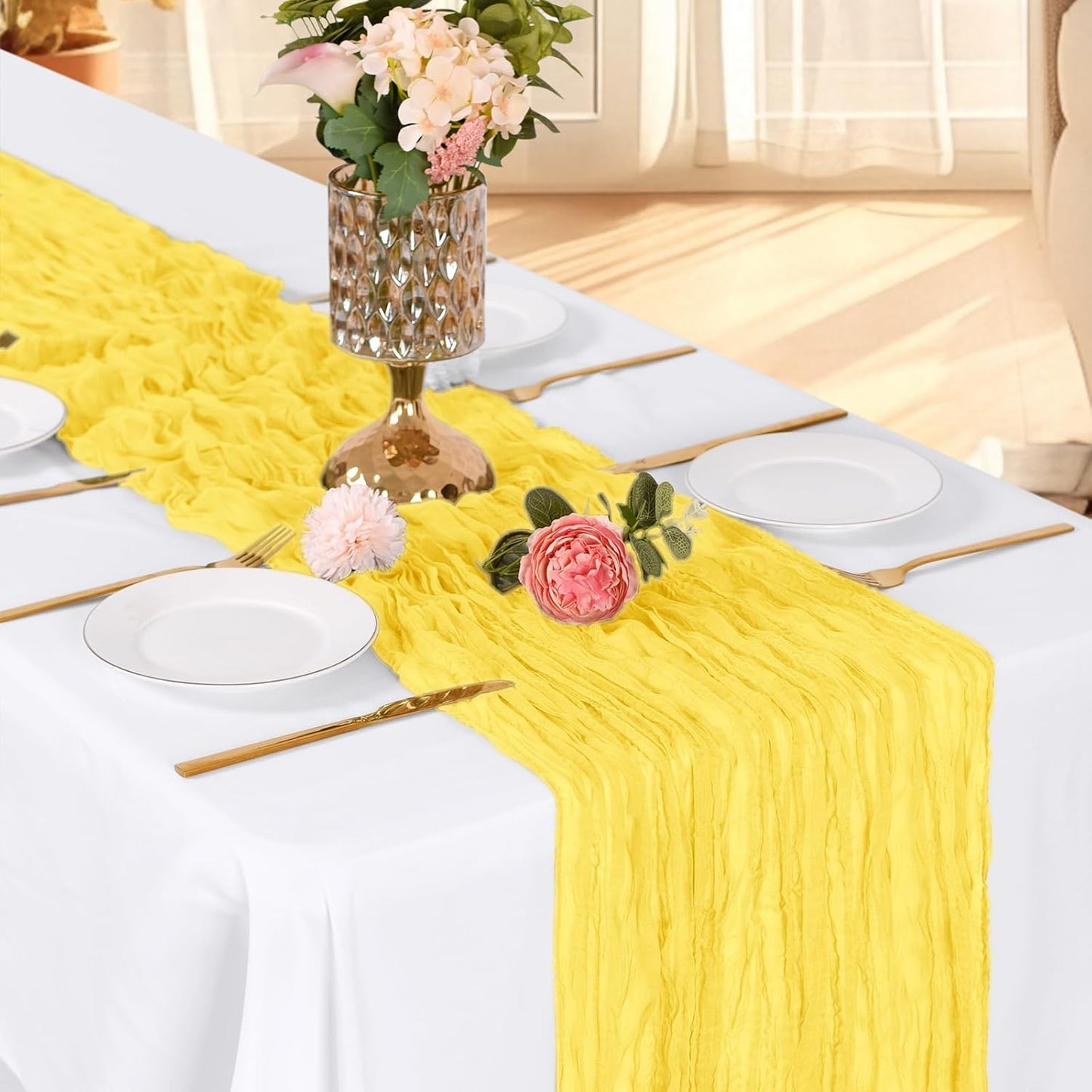 3 Pack Lemon Yellow Cheesecloth Table Runner, 17 x 108 Inch, Gauze Cheese Cloth Table Runner Rustic Sheer Runner for Wedding Birthday Party Baby Shower Table Decor(Lemon Yellow)