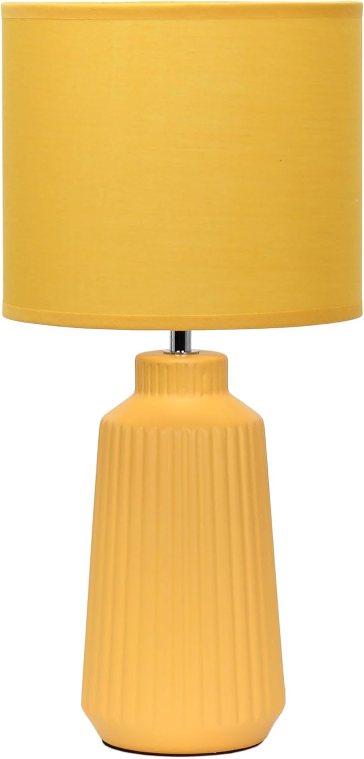 LT1169-YLW 15.94" Glow & Flow Minimalist Grooved Ceramic Table Lamp, Monochromatic Fabric Shade, Textured Accent Lighting, for Bedroom, Office, Living Room, Yellow