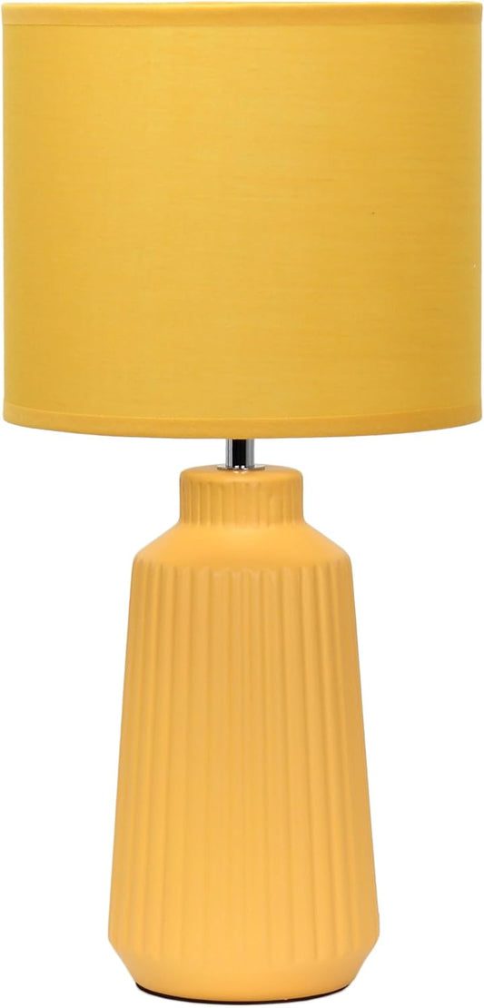LT1169-YLW 15.94" Glow & Flow Minimalist Grooved Ceramic Table Lamp, Monochromatic Fabric Shade, Textured Accent Lighting, for Bedroom, Office, Living Room, Yellow