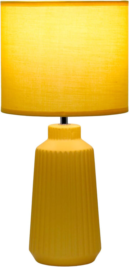 LT1169-YLW 15.94" Glow & Flow Minimalist Grooved Ceramic Table Lamp, Monochromatic Fabric Shade, Textured Accent Lighting, for Bedroom, Office, Living Room, Yellow