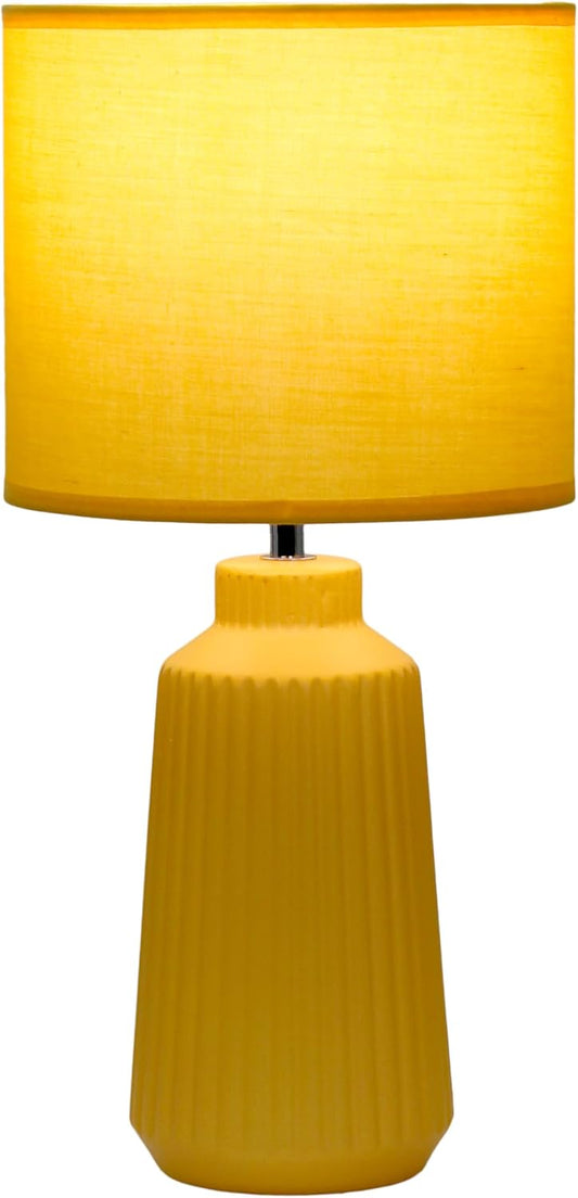 LT1169-YLW 15.94" Glow & Flow Minimalist Grooved Ceramic Table Lamp, Monochromatic Fabric Shade, Textured Accent Lighting, for Bedroom, Office, Living Room, Yellow
