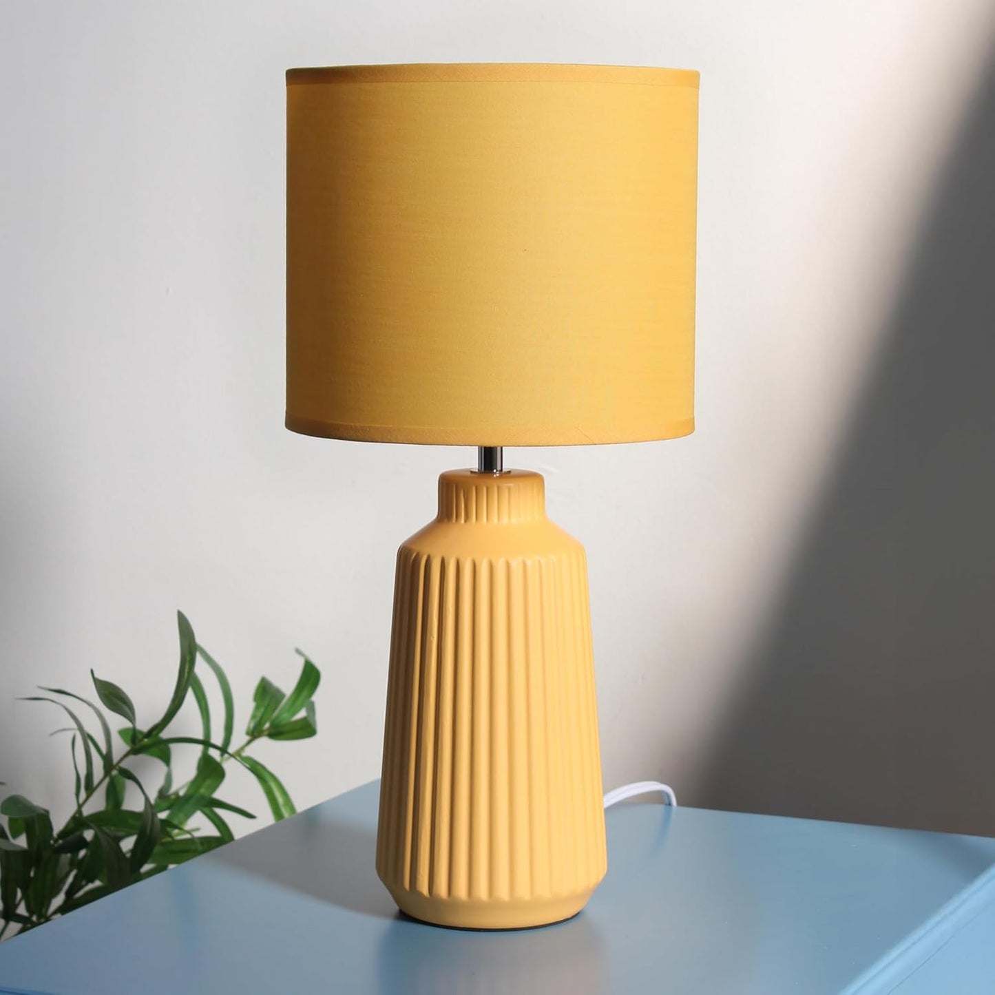 LT1169-YLW 15.94" Glow & Flow Minimalist Grooved Ceramic Table Lamp, Monochromatic Fabric Shade, Textured Accent Lighting, for Bedroom, Office, Living Room, Yellow