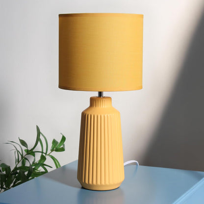 LT1169-YLW 15.94" Glow & Flow Minimalist Grooved Ceramic Table Lamp, Monochromatic Fabric Shade, Textured Accent Lighting, for Bedroom, Office, Living Room, Yellow