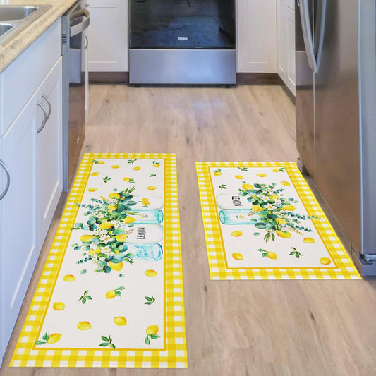 Lemon Kitchen Rugs and Mats Set of 2, Farmhouse Kitchen Decor and Accessories Decoration,Yellow Lemon Kitchen Rug Non-Skid Washable Kitchen Mats for Floor, 17"x 47"+17"x 30"