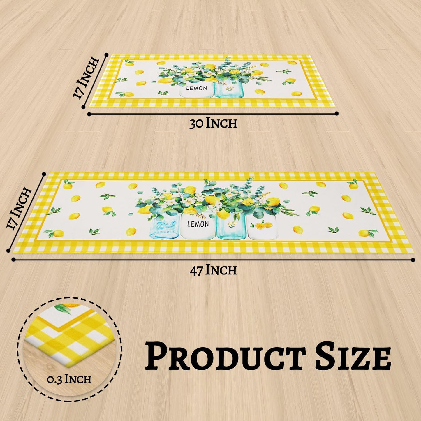 Lemon Kitchen Rugs and Mats Set of 2, Farmhouse Kitchen Decor and Accessories Decoration,Yellow Lemon Kitchen Rug Non-Skid Washable Kitchen Mats for Floor, 17"x 47"+17"x 30"