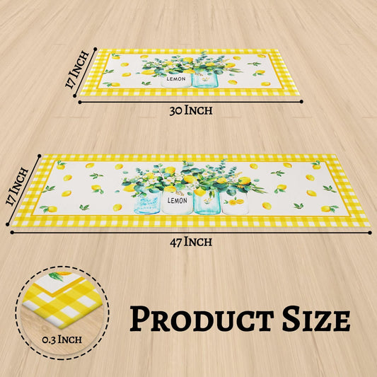 Lemon Kitchen Rugs and Mats Set of 2, Farmhouse Kitchen Decor and Accessories Decoration,Yellow Lemon Kitchen Rug Non-Skid Washable Kitchen Mats for Floor, 17"x 47"+17"x 30"