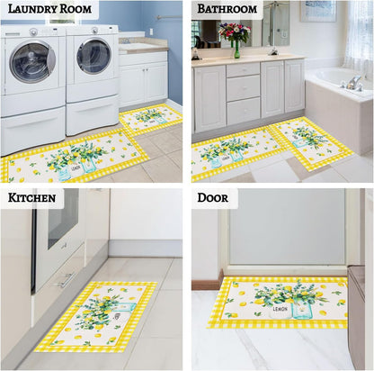 Lemon Kitchen Rugs and Mats Set of 2, Farmhouse Kitchen Decor and Accessories Decoration,Yellow Lemon Kitchen Rug Non-Skid Washable Kitchen Mats for Floor, 17"x 47"+17"x 30"