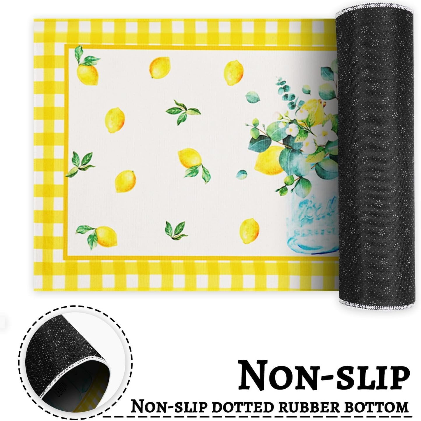 Lemon Kitchen Rugs and Mats Set of 2, Farmhouse Kitchen Decor and Accessories Decoration,Yellow Lemon Kitchen Rug Non-Skid Washable Kitchen Mats for Floor, 17"x 47"+17"x 30"