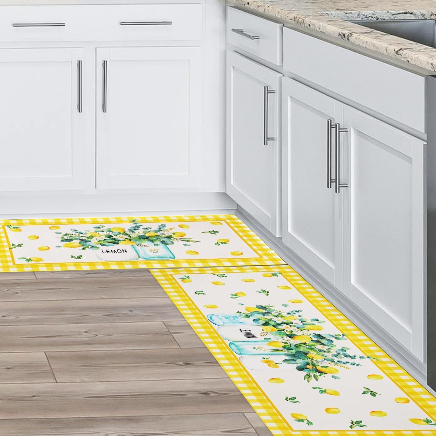Lemon Kitchen Rugs and Mats Set of 2, Farmhouse Kitchen Decor and Accessories Decoration,Yellow Lemon Kitchen Rug Non-Skid Washable Kitchen Mats for Floor, 17"x 47"+17"x 30"