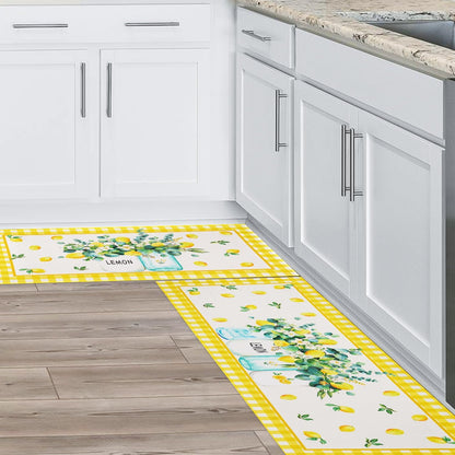 Lemon Kitchen Rugs and Mats Set of 2, Farmhouse Kitchen Decor and Accessories Decoration,Yellow Lemon Kitchen Rug Non-Skid Washable Kitchen Mats for Floor, 17"x 47"+17"x 30"