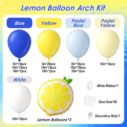 119pcs Lemon Balloon Arch with Pastel Blue Yellow White Lemon Balloons | Lemon, Baby Shower, Graduation, Bridal Shower, Birthday Party Decorations