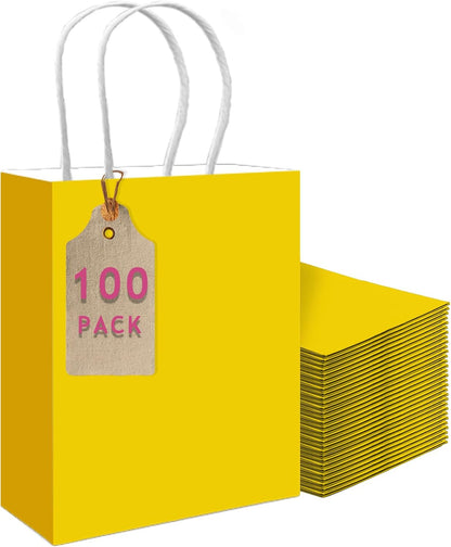 100PCS Gift Bag with Handles Bulk Bright Yellow Paper Bags Multiple Uses (11"x5"x8"inch Medium Size)