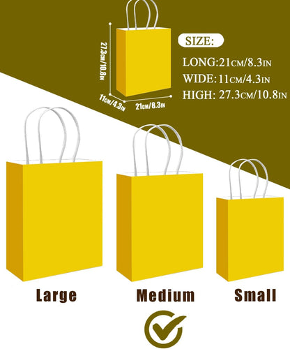 100PCS Gift Bag with Handles Bulk Bright Yellow Paper Bags Multiple Uses (11"x5"x8"inch Medium Size)