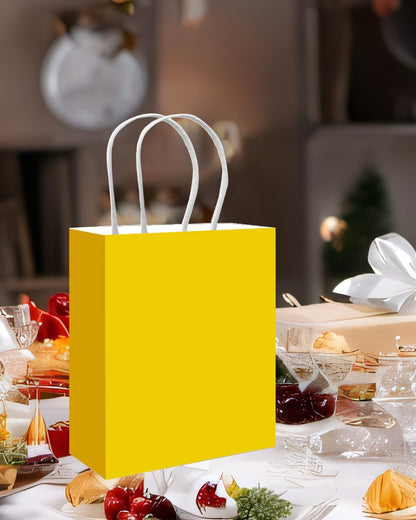100PCS Gift Bag with Handles Bulk Bright Yellow Paper Bags Multiple Uses (11"x5"x8"inch Medium Size)