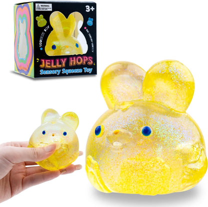 Stress Relief Glitter Bunny Squeeze Toy - Anxiety Calming Sensory Fidget Toy, Soft Squishy Ball for Kids Adults ADHD Autism, Yellow Jelly Hops