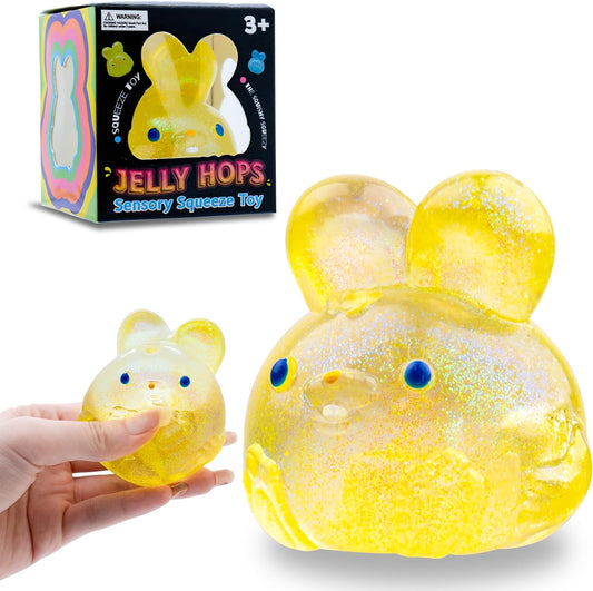 Stress Relief Glitter Bunny Squeeze Toy - Anxiety Calming Sensory Fidget Toy, Soft Squishy Ball for Kids Adults ADHD Autism, Yellow Jelly Hops