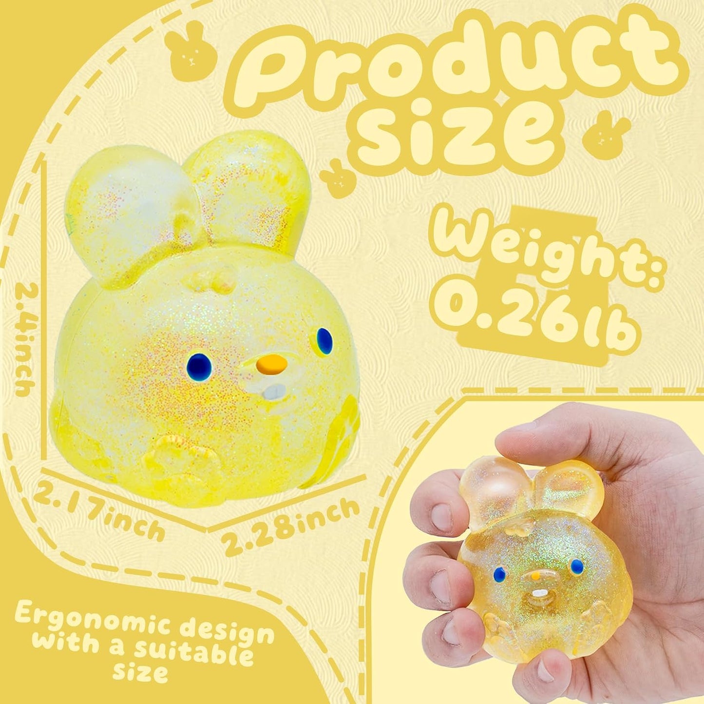 Stress Relief Glitter Bunny Squeeze Toy - Anxiety Calming Sensory Fidget Toy, Soft Squishy Ball for Kids Adults ADHD Autism, Yellow Jelly Hops