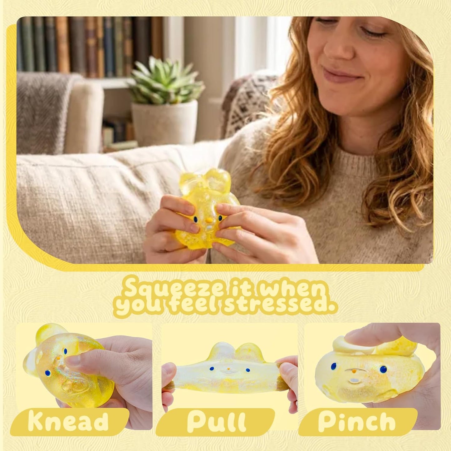 Stress Relief Glitter Bunny Squeeze Toy - Anxiety Calming Sensory Fidget Toy, Soft Squishy Ball for Kids Adults ADHD Autism, Yellow Jelly Hops