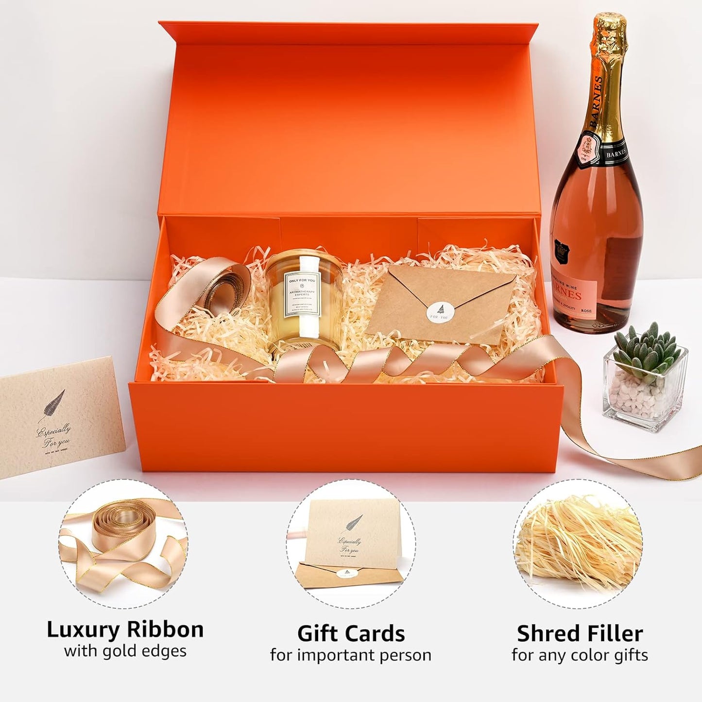 Gift Boxes Bulk, 13.85 x 8.35 x 4.45 inch 1 Pack Orange Gift Boxes with Lids Contains Card, Ribbon, Shredded Paper Filler Gift Boxes for Birthdays, Baby Shower, Bridal Gifts,Weddings