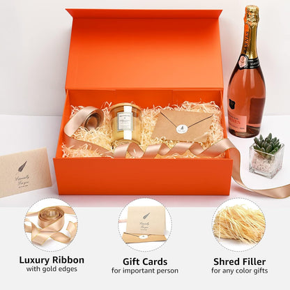 Gift Boxes Bulk, 13.85 x 8.35 x 4.45 inch 1 Pack Orange Gift Boxes with Lids Contains Card, Ribbon, Shredded Paper Filler Gift Boxes for Birthdays, Baby Shower, Bridal Gifts,Weddings
