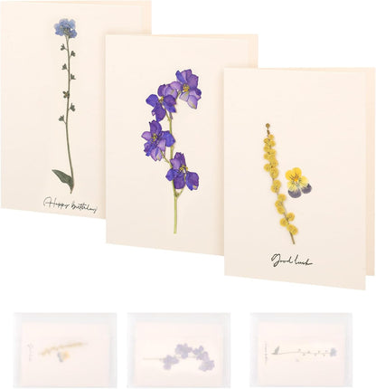 Handmade Pressed Flower Greeting Cards – Real Dried Botanical Art for Birthdays, Weddings, and Thank You Notes – Eco-Friendly Gift for Nature Lovers | larkspur,forget-me-not,viola