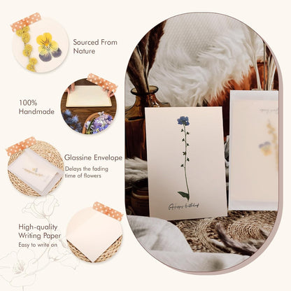 Handmade Pressed Flower Greeting Cards – Real Dried Botanical Art for Birthdays, Weddings, and Thank You Notes – Eco-Friendly Gift for Nature Lovers | larkspur,forget-me-not,viola
