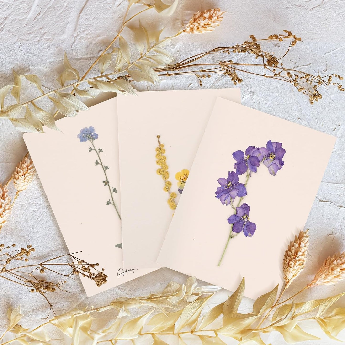 Handmade Pressed Flower Greeting Cards – Real Dried Botanical Art for Birthdays, Weddings, and Thank You Notes – Eco-Friendly Gift for Nature Lovers | larkspur,forget-me-not,viola