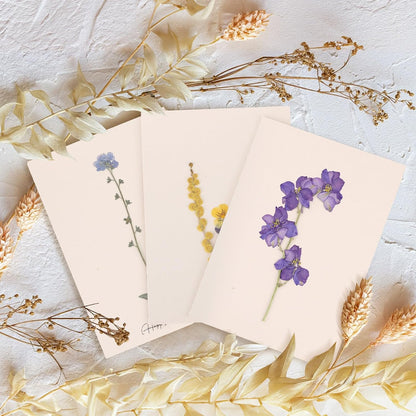 Handmade Pressed Flower Greeting Cards – Real Dried Botanical Art for Birthdays, Weddings, and Thank You Notes – Eco-Friendly Gift for Nature Lovers | larkspur,forget-me-not,viola