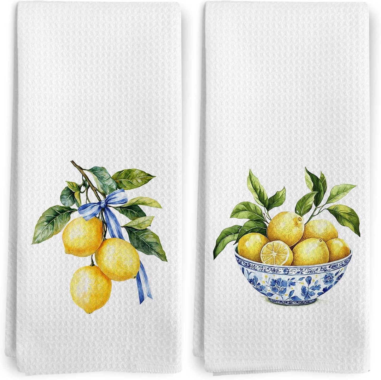 Lemon Chinoiserie Kitchen Towels, Blue and White Lemon Decorative Kitchen Towel, Lemon Gifts, Summer Coquette Blue Bow Lemons Hand Dish Tea Towels for Bathroom Decor