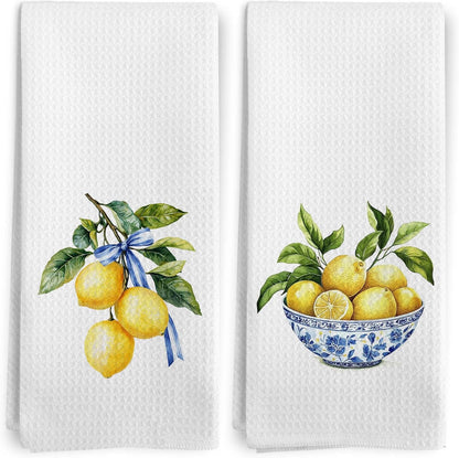 Lemon Chinoiserie Kitchen Towels, Blue and White Lemon Decorative Kitchen Towel, Lemon Gifts, Summer Coquette Blue Bow Lemons Hand Dish Tea Towels for Bathroom Decor