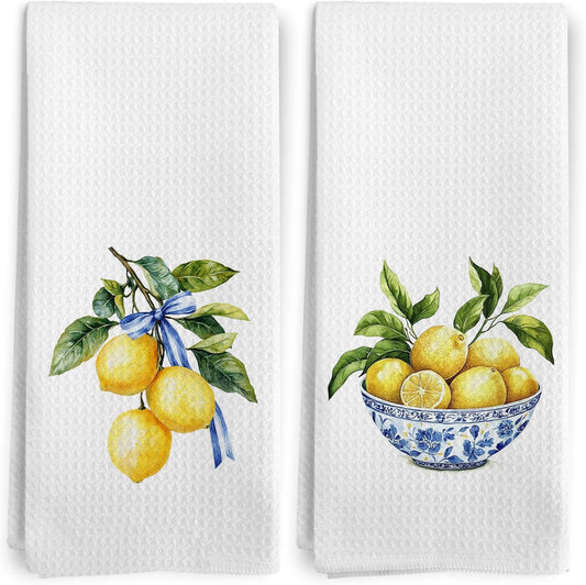 Lemon Chinoiserie Kitchen Towels, Blue and White Lemon Decorative Kitchen Towel, Lemon Gifts, Summer Coquette Blue Bow Lemons Hand Dish Tea Towels for Bathroom Decor