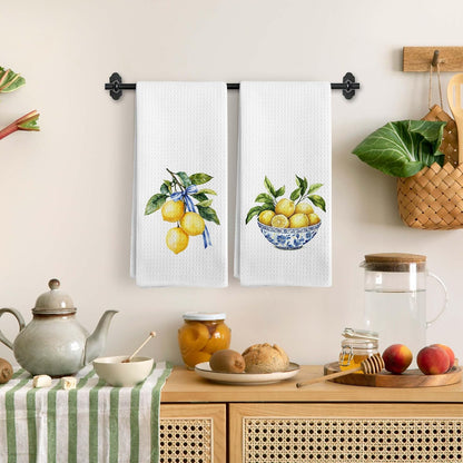 Lemon Chinoiserie Kitchen Towels, Blue and White Lemon Decorative Kitchen Towel, Lemon Gifts, Summer Coquette Blue Bow Lemons Hand Dish Tea Towels for Bathroom Decor